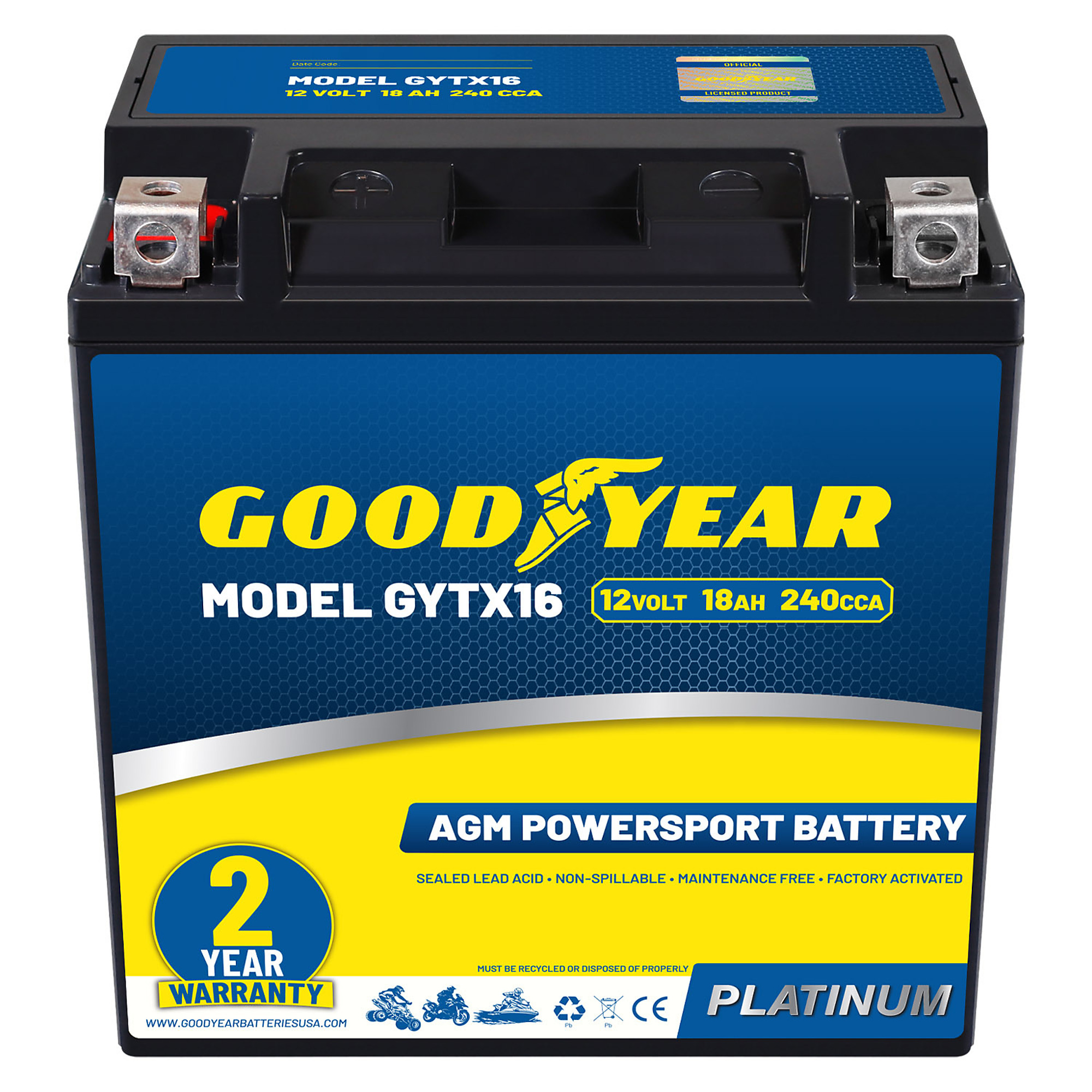 Goodyear GYTX16 SLA-AGM Battery — 12V, 18Ah, 240 CCA, Maintenance-Free, Rechargeable, Model# GY4140763